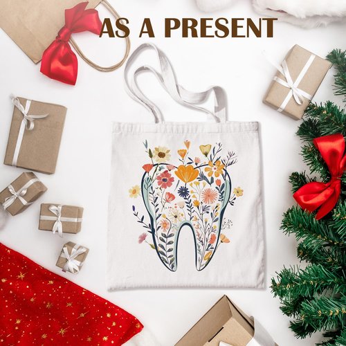KBRCT Dentist Gifts Tote Bag for Women, Dental Hygienist Gifts Canvas Tote Bag, Dental Assistant Gift, Floral Tooth Dentist Reusable Shopping Grocery Bags
