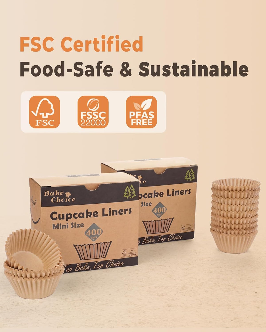 Bake Choice Mini Cupcake Liners - 400 Pcs Non-Stick Natural Parchment for Baking & Muffins