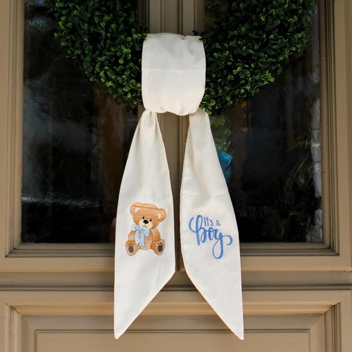 Monogrammed Wreath Sash by [Brand Name] - It's a Boy Baby Shower Decoration | Quality White Linen, 56" L x 4.5" W