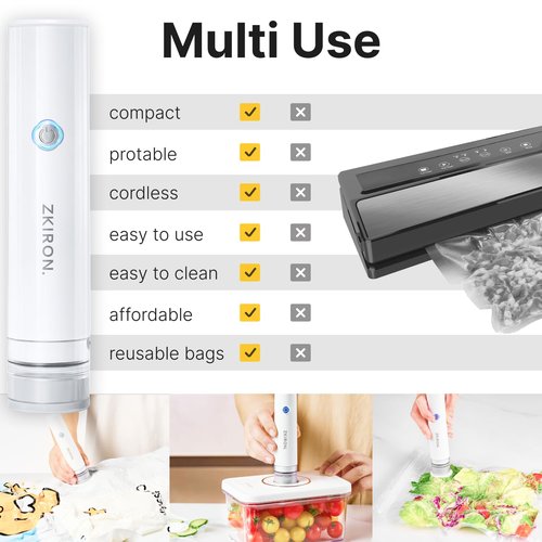 ZKIRON OneTouch Handheld Vacuum Sealer with 12 Reusable Vacuum Bags – Compact Food Sealer with Detachable Transparent Suction for Sous Vide, Meal Prep & Kitchen Storage, Portable Food Saver