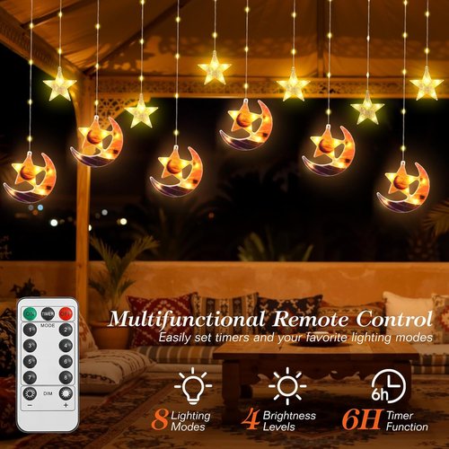 Lewondr LED Moon Star Curtain String Lights - 138 Fairy Lights with Remote Control & Timer | Perfect for Ramadan Decor