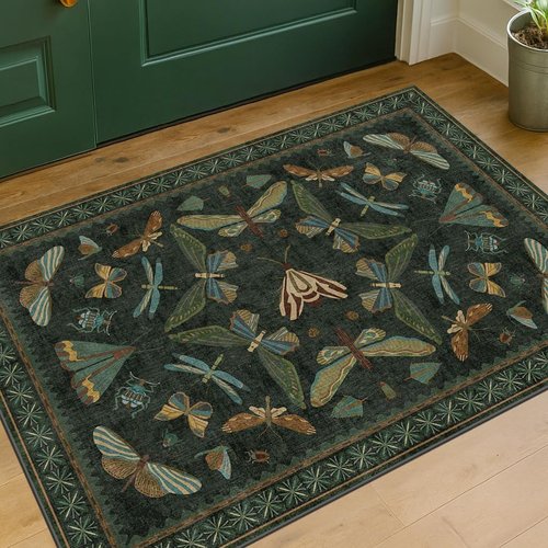 Hazo Haus Entryway Rug - Dark Green 2x3 Washable Non-Slip Throw Rug for Kitchen & Bathroom