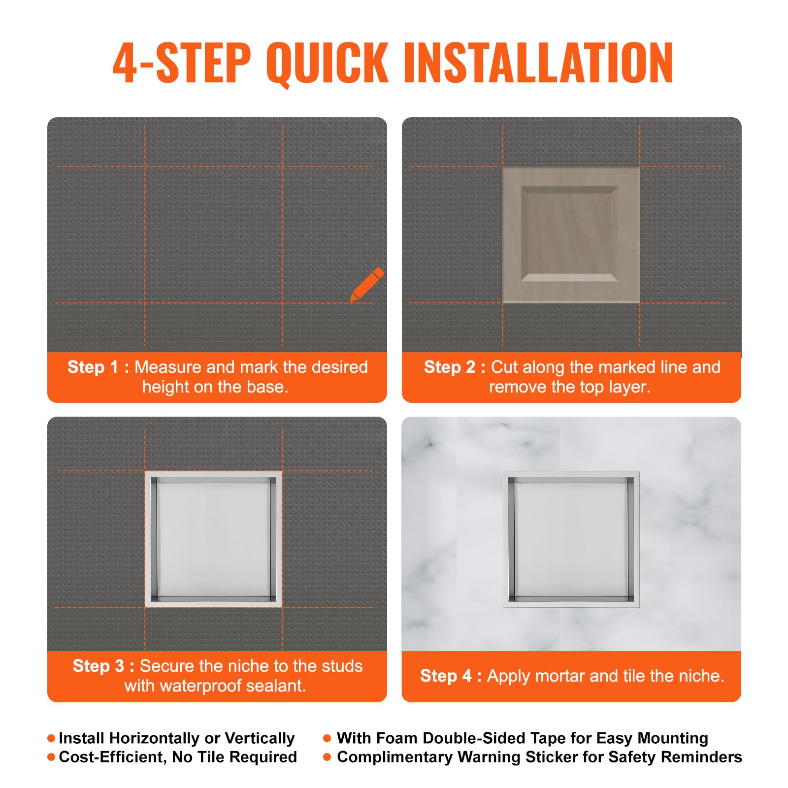 VEVOR Shower Niche No Tile Needed, Stainless Steel Niche for Shower Wall, Sealed Waterproof Rust-Resistant Bathroom Niche for Storage, 13x13'' Single Shelf