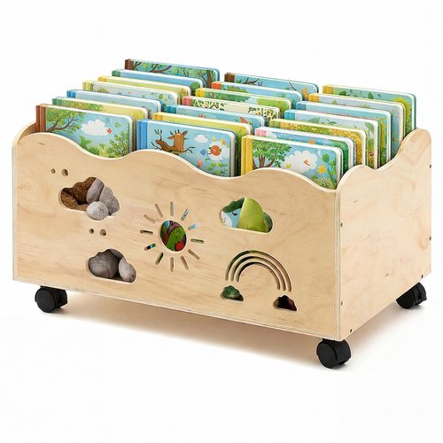 CroBlissful Kids Bookshelf with Wheels, 24" x 14.4" x 10.4" Scalloped Book Shelf for Kids Room Girls Boy Wooden Storage Trunk Mobile Wood Toy Box with Rainbow Pattern for Nursery, Classroom, Bedroom