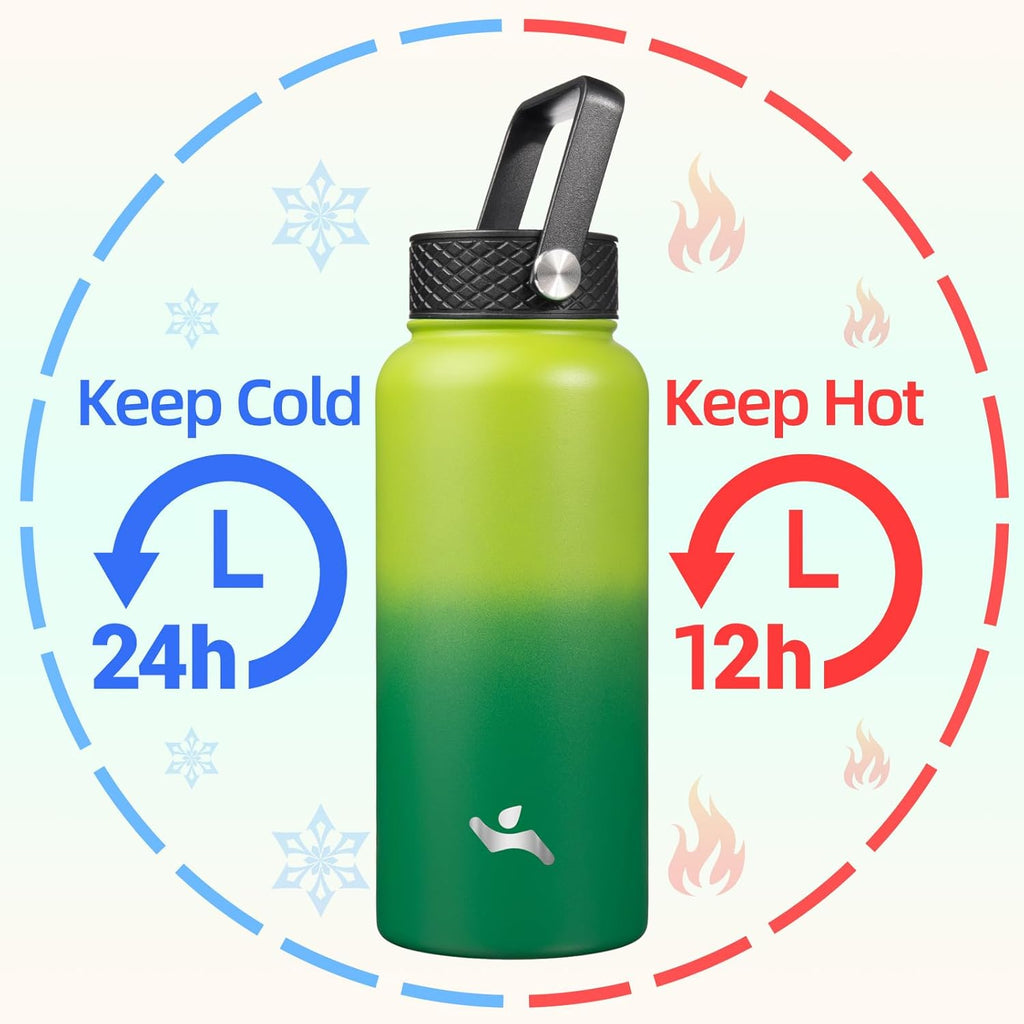 Skiennix 32 oz Insulated Stainless Steel Water Bottle - 3 Lids & Bamboo Grove Design