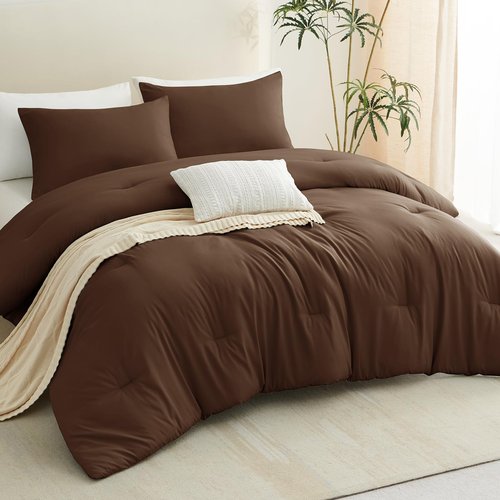 CozyLux Queen Comforter Set Brown, 3 Pieces Solid Breathable Quilted Style Bedding Sets, Luxury Fluffy Soft Bed Set with Down Alternative Comforter for All Season (1 Comforter & 2 Pillowcases)