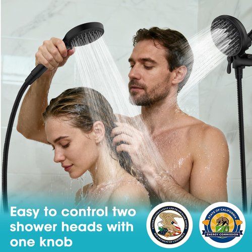 FASDUNT Dual Handheld Shower Head Combo, Enjoy 6-Setting Rain Showerhead and 6-Setting Hand Held Shower Separately or Together, 2 in 1 Showerhead with 80" Extra Long Stainless Steel Hose, Black