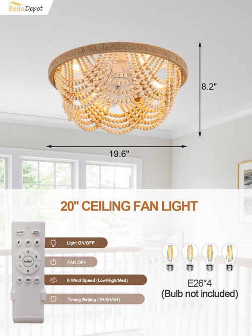 Bella Depot 20" Boho Ceiling Fan with Light, Flush Mount Wood Beaded Fandelier Chandelier Fan, 6 Speeds Reversible Bladeless Ceiling Fan for Bedroom Living Room Kitchen (Wood)