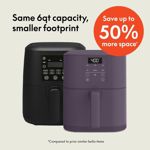 Bella 6 Qt Slim Air Fryer - EverGood™ Ceramic Nonstick Coating, Adjustable Temp, 60 Min Auto Shutoff | Plum