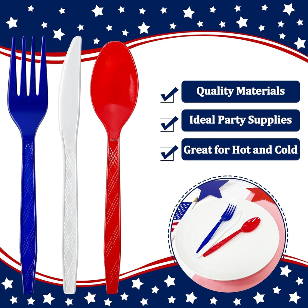 Patriotic American Flag Party Supplies - 450 Pcs Disposable Cutlery Set | 150 Spoons, Forks & Knives in Red, White & Blue