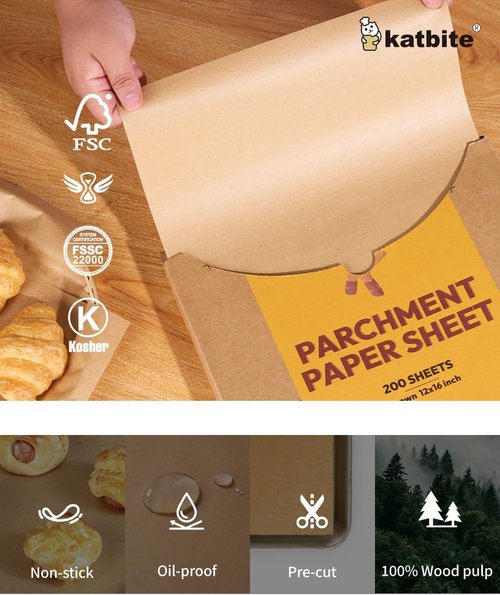 Katbite Unbleached Parchment Paper - 200 Precut Sheets, 12x16 Inches | Heavy-Duty Baking Paper for Cookies & Cooking