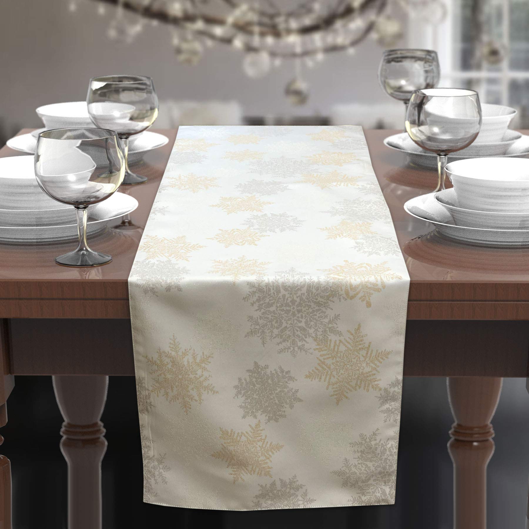 CAIT CHAPMAN HOME COLLECTION Holiday Silver Gold Snowflakes Metallic Jacquard Woven Table Runner Compatible with All Tables (14"x72" Runner)