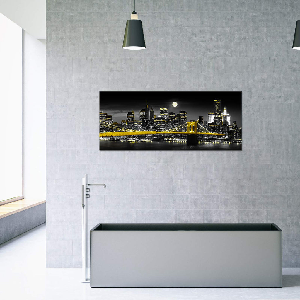 Biuteawal Black and White Yellow Canvas Print New York City Brooklyn Bridge at Moon Night Picture Photo Painting Cool Manhattan Skyline Artwork Modern Home Office Wall Decoration Ready to Hang