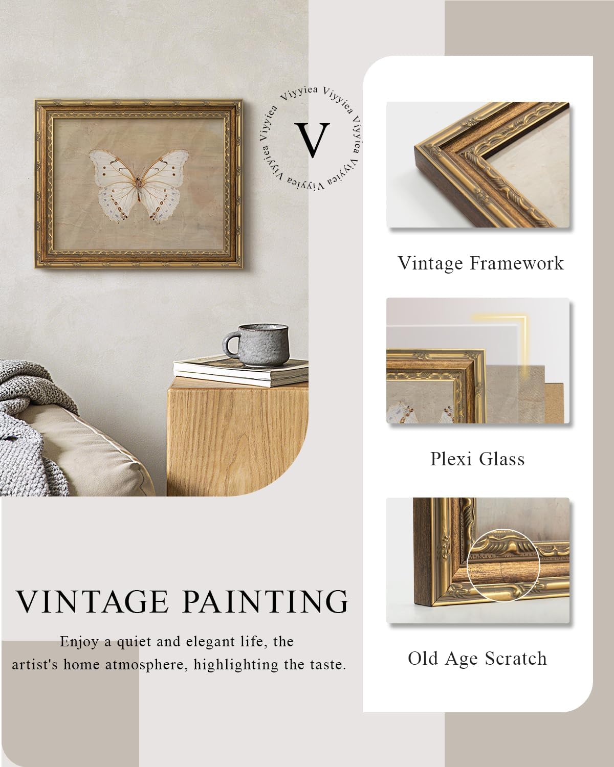 VIYYIEA Glass Gold Framed Wall Art - Vintage White Butterfly Canvas Painting | 13x16 Inch Home Decor