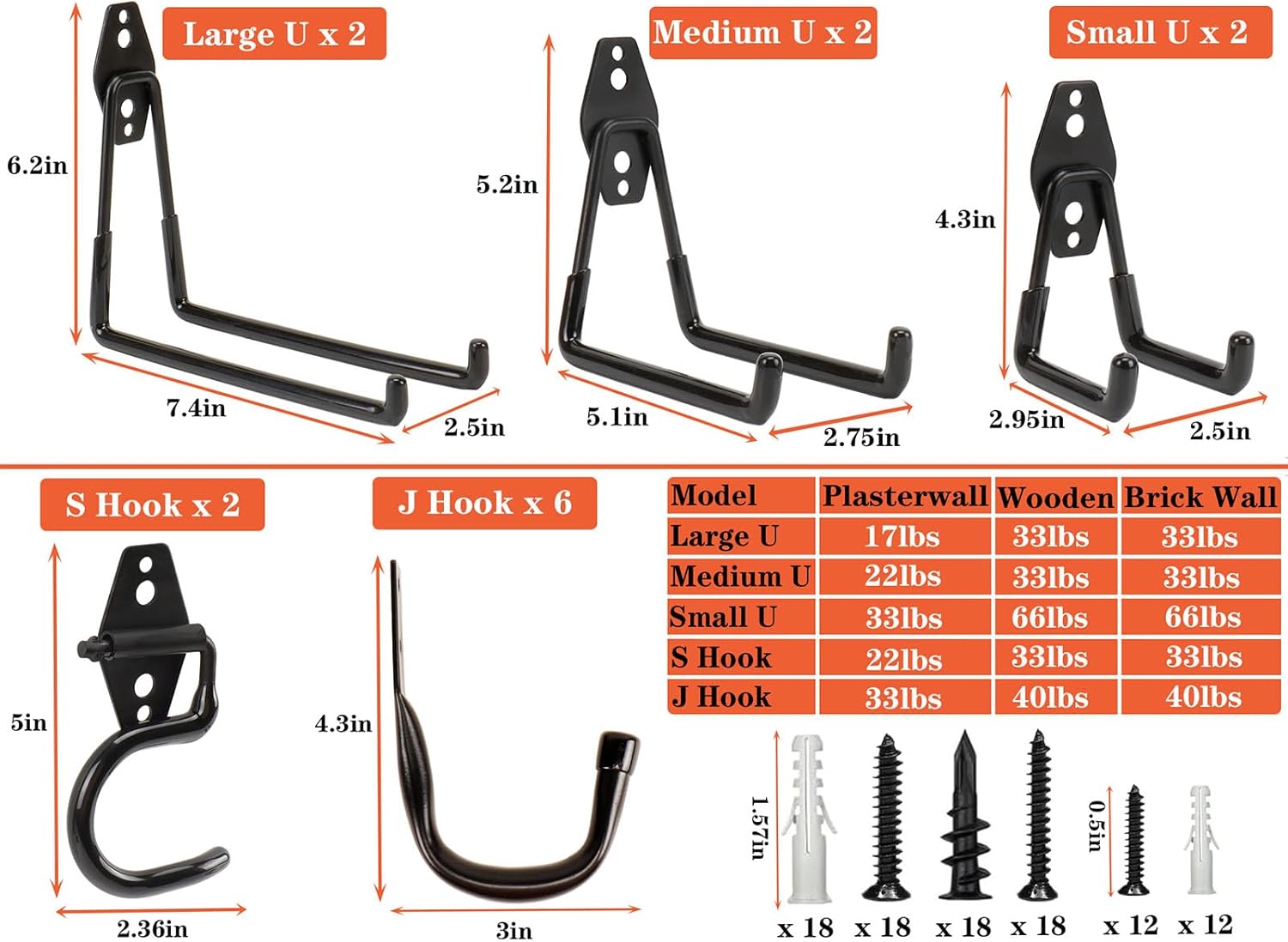 TocTen Garage Hooks - Heavy Duty Solid Steel Wall Mount Storage Kit | 14 Pack with Anti-Slip Coating for Tools & Ropes (Black)