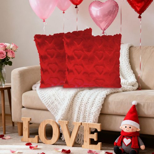 Valentine's Day Pillow Covers 18x18 Inch, 2 Pack Red Heart Throw Pillow Soft Plush Faux Fur Anniversary Wedding Valentines Day Decorations Square Luxury Case for Sofa Bed Home Decor (Red Pack of 2)