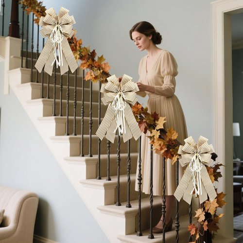 Craflox Christmas Netural Striped Wreath Bows, 2Pcs Farmhouse Beige Striped Burlap Bows Tree Ornaments Decor, Hanging Ornament Bow for Wedding, Holiday and Party Decor