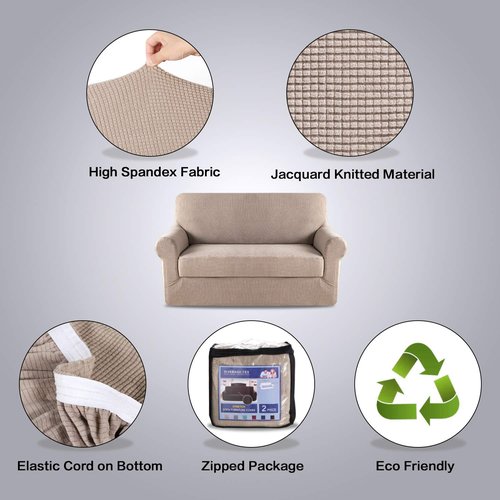 H.VERSAILTEX 2 Pieces Loveseat Covers Fit Lovesat Width Up to 70 Inch Furniture Cover/Protector, Jacquard Spandex Stretch Loveseat Slipcovers Suit for T Cushion/Box Cushion (Loveseat, Sand)