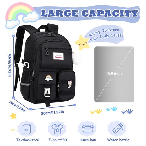MUSEVOS Girls Backpack for Kids Teenage Elementary Middle High School Backpacks, Lightweight Water Resistant Bookbag Multiple Compartments large Capacity, Black