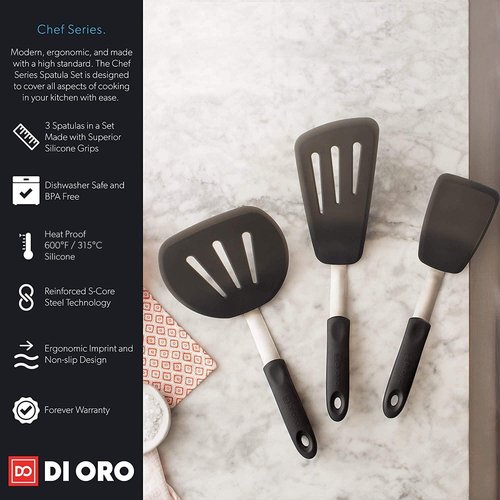 DI ORO Chef's Choice 7-Piece Turner Silicone Spatula & Spoon Set - 600°F Heat-Resistant Kitchen Utensils - Dishwasher Safe, Food Grade, and BPA Free - 5 Turner Spatulas and 2 Silicone Spoons (Black)
