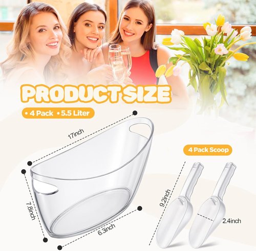 4 Pcs Ice Bucket for Parties Clear Bar Supplies 5.5 Liter Acrylic Champagne Bucket with 4 Ice Scoop Wine Tub for Champagne Beer Beverage Sparkling Cocktails