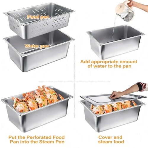 Ferraycle 3 Pack Full Size 6 Inch, 8 Inch Hotel Pan with Lid Perforated Steam Table Pan Restaurant Supplies for Kitchen, Steam Table Tray for Food Warmer