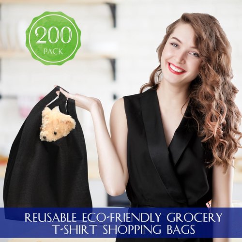 Windyun Large Grocery T-shirt Bags Bulk Reusable Non Woven Shopping Bag Foldable Gift Tote with Handle, 21x11x6 Inch(200 Pcs,Black)