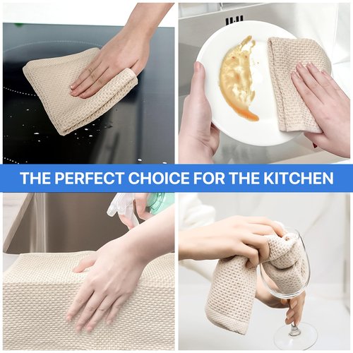 FreeNook 100% Cotton Waffle Weave Kitchen Towels, 6 Pack Dish Cloths for Washing Dishes, Ultra Soft Absorbent Dish Towels, Quick Drying Kitchen Rags, 12x12 Inches, Beige