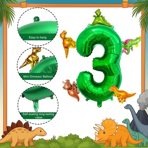 LilyZheng Large Dinosaur Balloon Number 3, 40 Inch Dark Green Foil Balloon and 5 Mini Dinosaur Balloons for 3rd Dino Birthday Decorations and Dino Party Supplies Boys and Girls