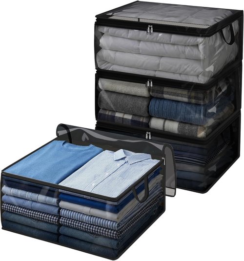Fixwal Blanket Storage Bags - 80L Large Foldable Closet Organizers with Reinforced Handles | Black, 4 Pack