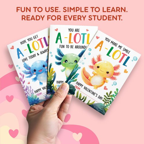 HUNIGIFT Axolotl Valentines Day Exchange Card, 36 Packs for Kids, School, Party Favors - Axolotl Valentine Cards, Animal Valentines Day Cards - 3.2''x 4.7'' Cute 6 Designs with Envelopes, Stickers