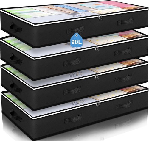 Budding Joy 90L Under Bed Storage Containers - Foldable Organizers for Blankets, Towels & More | Black