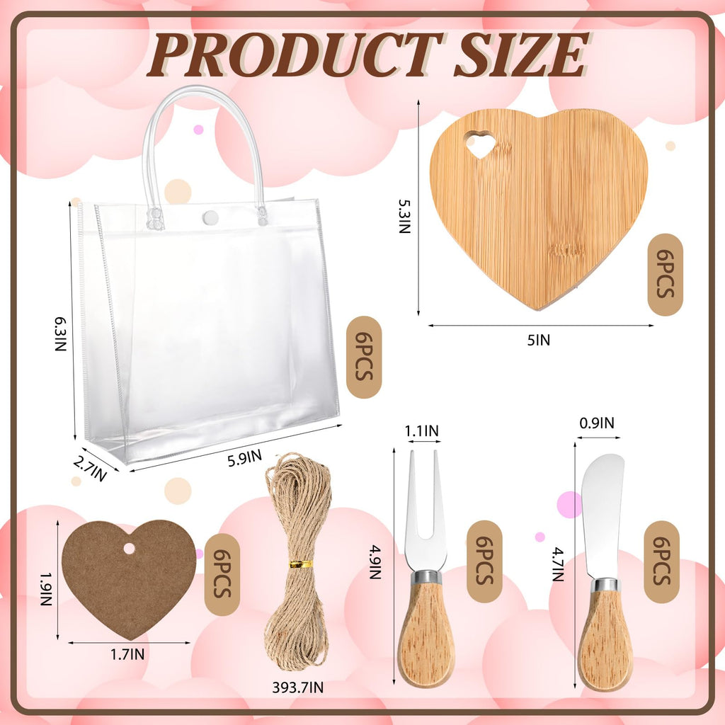 6 Set Heart Shaped Charcuterie Board Wood Mini Charcuterie Board With Cheese Knives Fork Set Bridal Shower Favors for Guest Bridal Baby Shower Prize Wedding Birthday Valentines Day (Wood color 01)