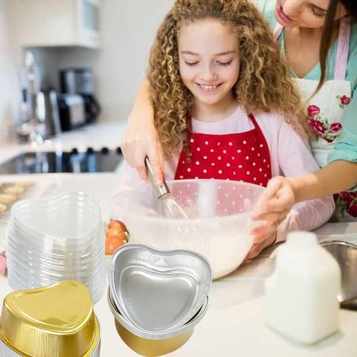 IVICOO Mini Cake Pans With Lids,Heart Shaped Cake Pans,20 Pcs 3.7oz/110ml Aluminum Foil Mini Disposable Heart Shaped Containers for Mother'S Day, Weddings and Birthdays Party (Golden)