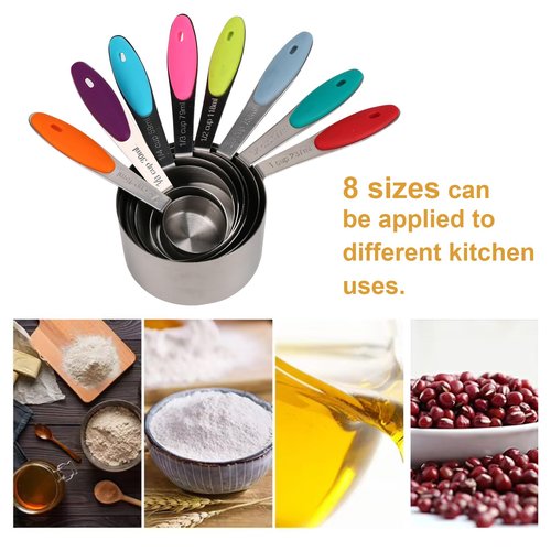Stainless steel measuring cup set, consisting of 8 cups, suitable for cooking and baking.