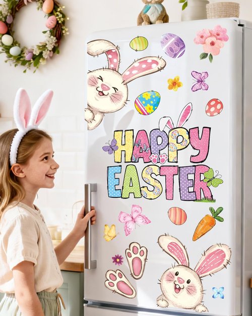 JMHACHY Easter Window Clings - 9 Sheets 103 Pcs Reusable Easter Bunnies Decorations for Home Office, Rabbits Eggs Stickers for Glass, Double-Sided Large Window Decals