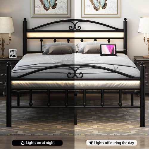 Samurbex Full Size Bed Frame with Charging Station,Black Metal Platform Bed Frame with LED Lights,Heavy Duty Metal Steel Slats Support,No Box Spring Needed,Noise Free,Easy to Assemble