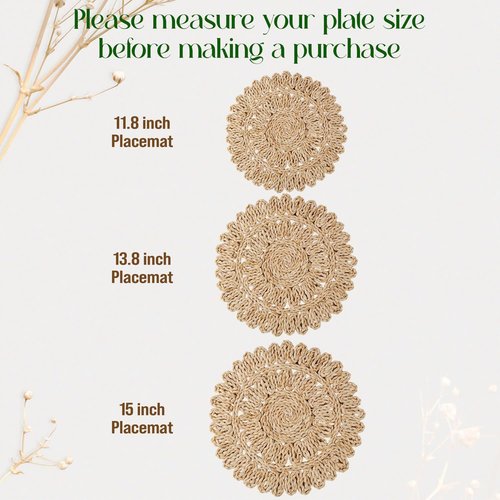 15" Corn Husk Woven Round Placemats Set of 6 - Wicker Boho Farmhouse Placemats - Rattan Table Mats Like Water Hyacinth for Dining Table, Wedding, Home