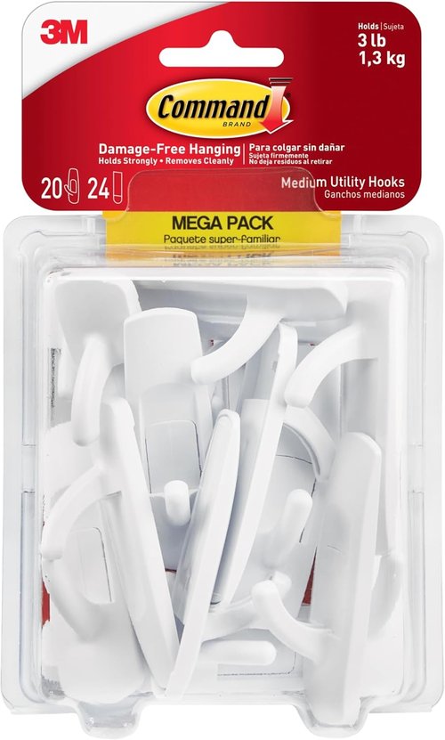 Command Medium Utility Hooks - Damage-Free Wall Hooks with Adhesive Strips | 20 Hooks & 24 Strips, Holds Up to 3 lb