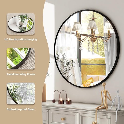 HARRITPURE 28" Round Mirror - Black Bathroom Mirror Circle Wall Mirror with Brushed Aluminum Alloy Frame Modern Decor for Living Room, Vanity, Bedroom, Entryway