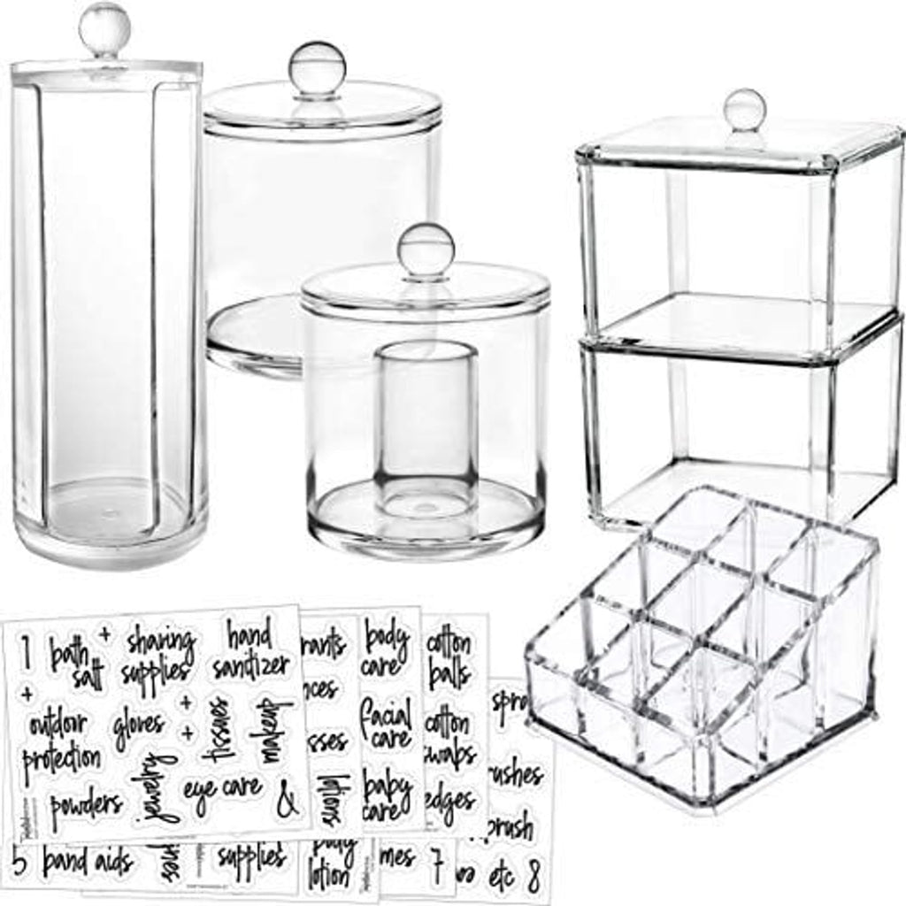 Talented Kitchen Bathroom Storage Organizer with Labels - 6-Pack, Black & White Acrylic, Polished Finish - Beauty Storage Set & Acrylic Makeup Container for Vanity Counter & Bathroom Organization