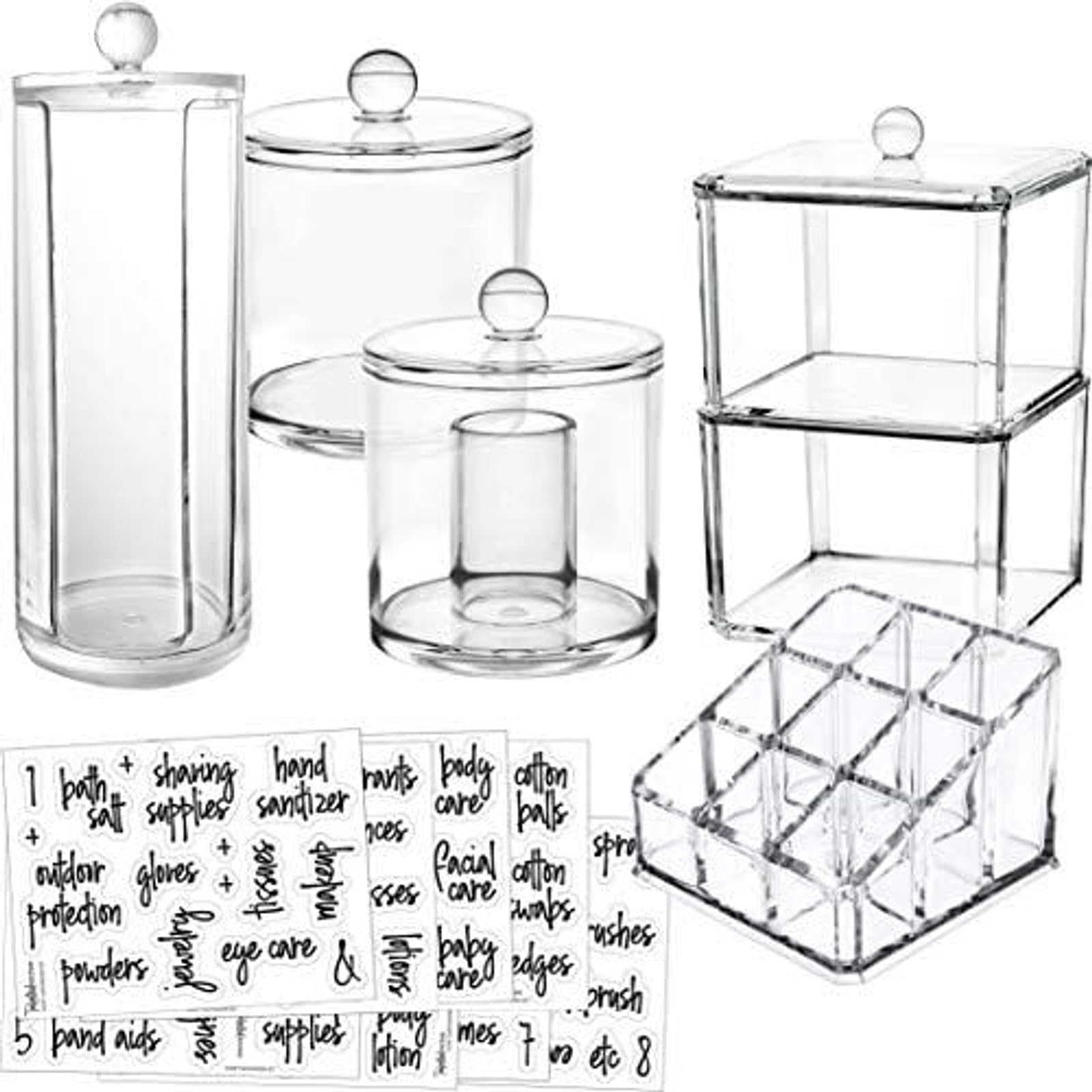 Talented Kitchen Bathroom Storage Organizer with Labels - 6-Pack, Black & White Acrylic, Polished Finish - Beauty Storage Set & Acrylic Makeup Container for Vanity Counter & Bathroom Organization