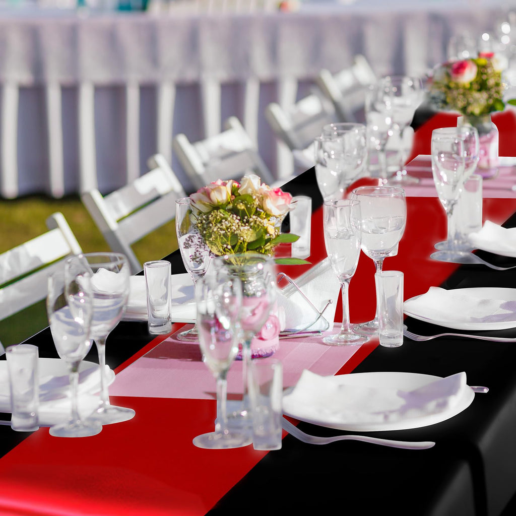 Tudomro 12 Pcs Black and Red Disposable Plastic Tablecloths and Satin Table Runner Set, 54 x 108 Inch Tablecloth, 12 x 108 Inch Table Runners for Wedding Baby Shower Birthday Party