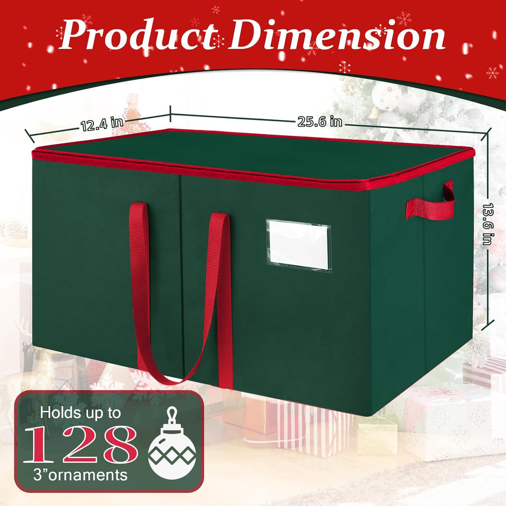 SeasonBliss Christmas Ornament Storage Box - Holds 128 Ornaments | Large, Sturdy Organizer with Adjustable Dividers & Zipper, Green