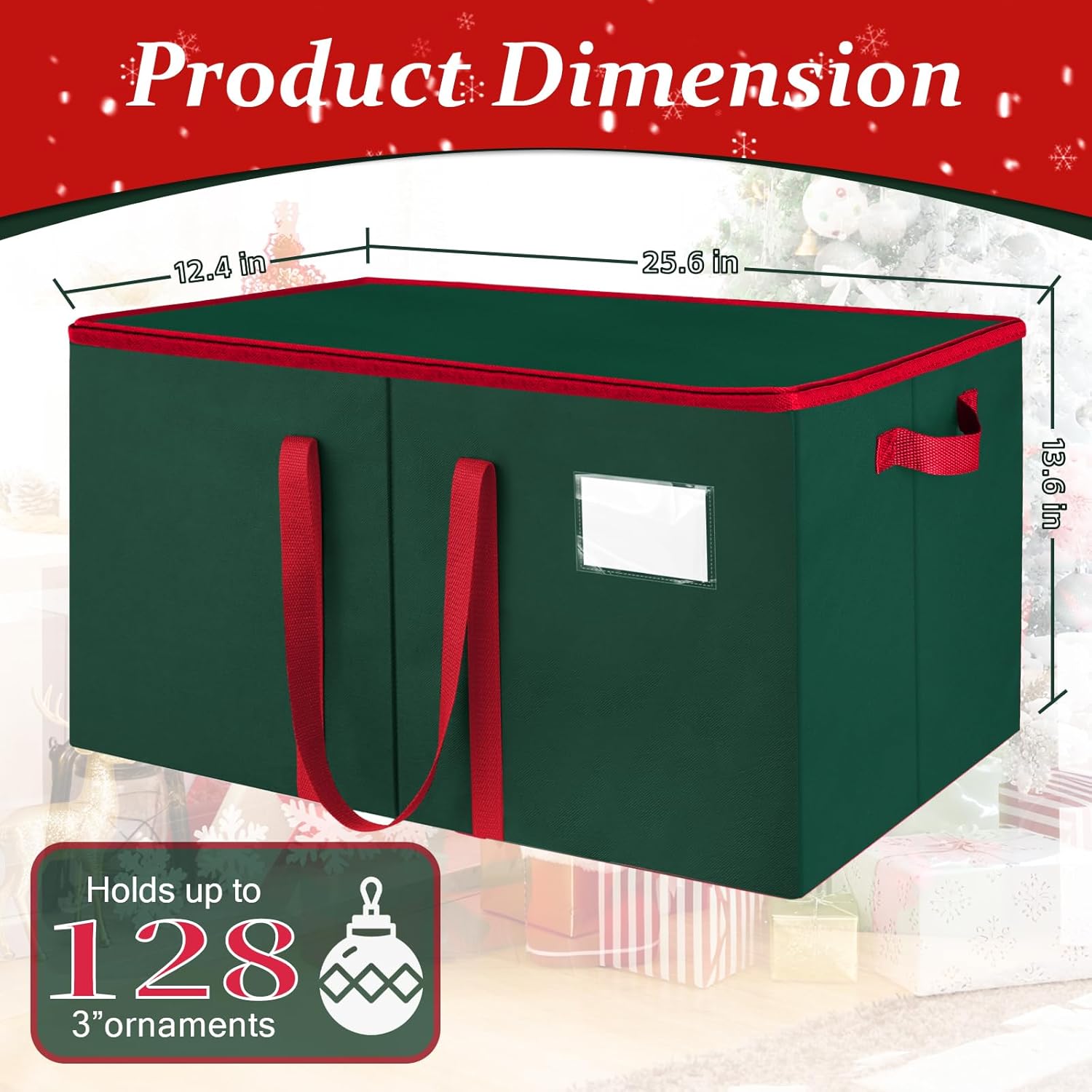 SeasonBliss Christmas Ornament Storage Box - Holds 128 Ornaments | Large, Sturdy Organizer with Adjustable Dividers & Zipper, Green