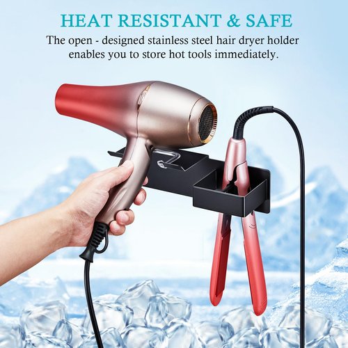 Hair Dryer Holder, Hair Straightener Holder Wall Mount, Hair Tool Organizer, Hairdryer and Straightener Holders, Adhesive Hair Tool Storage for Blow Dryer, Curling Iron, Flat Iron Stand (Black)
