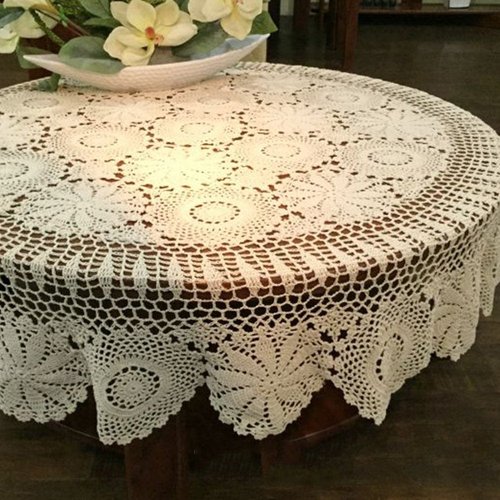 YIZUNNU Beige Round Handmade Crochet Tablecloth Cotton Lace Table Doilies (59")