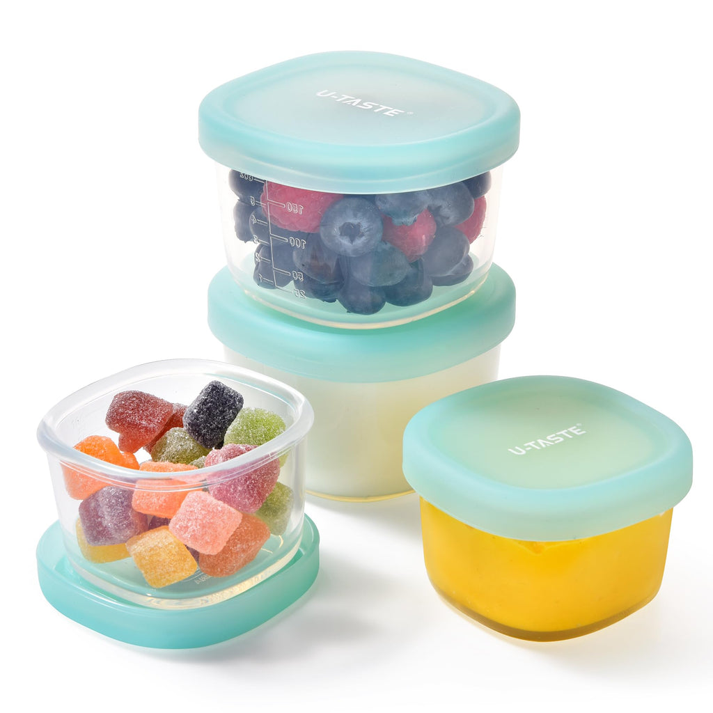 U-Taste 3oz 6oz Small Storage Containers: Food Grade Liquid-Silicone Freezer Box with Airtight Lid, Microwave Safe with Clear Measurements, Reusable for Meal Prepping Portion (Set of 4, Aqua Sky)