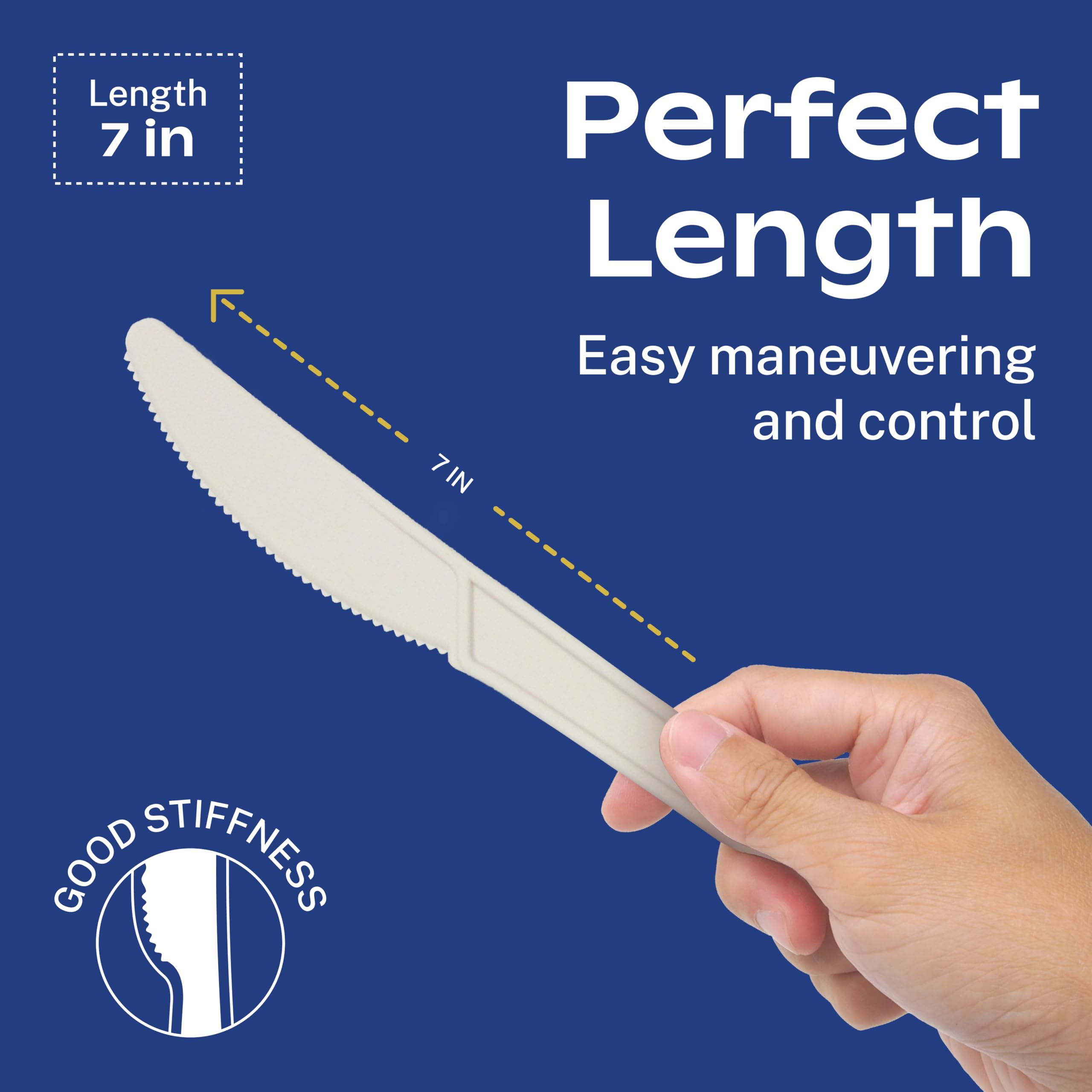 CORAL Ivory White 100% Compostable Knives - 120 Heavy Duty No Plastic Knives (7.0 inch) - Break Resistant with Smooth Edges, Ocean Friendly Alternative to Plastic Silverware - Biodegradable & Disposable Knives