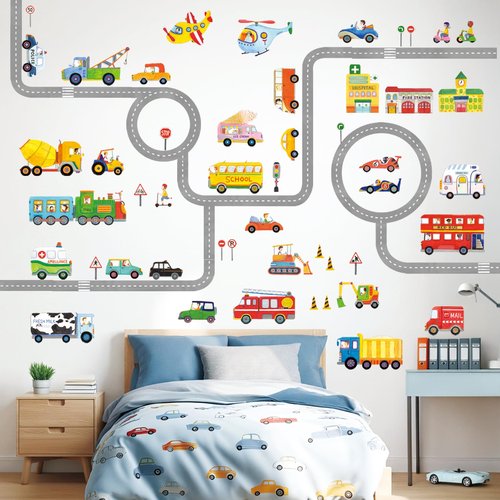 DECOWALL SG3-1404P1405 The Road and Cars Kids Wall Stickers Wall Decals Peel and Stick Removable Wall Stickers for Kids Nursery Bedroom Living Room (Medium) décor